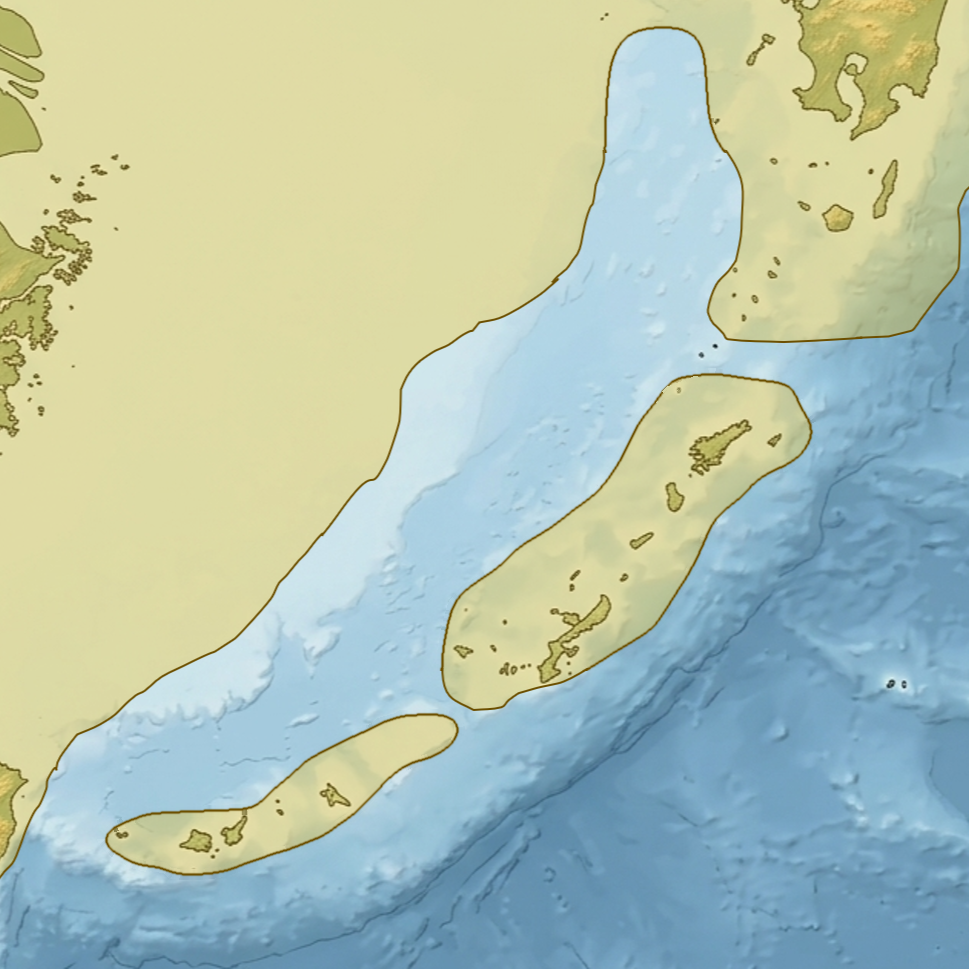約200万年前:北琉球・中琉球・南琉球が海で隔てられた様子を示す模式図