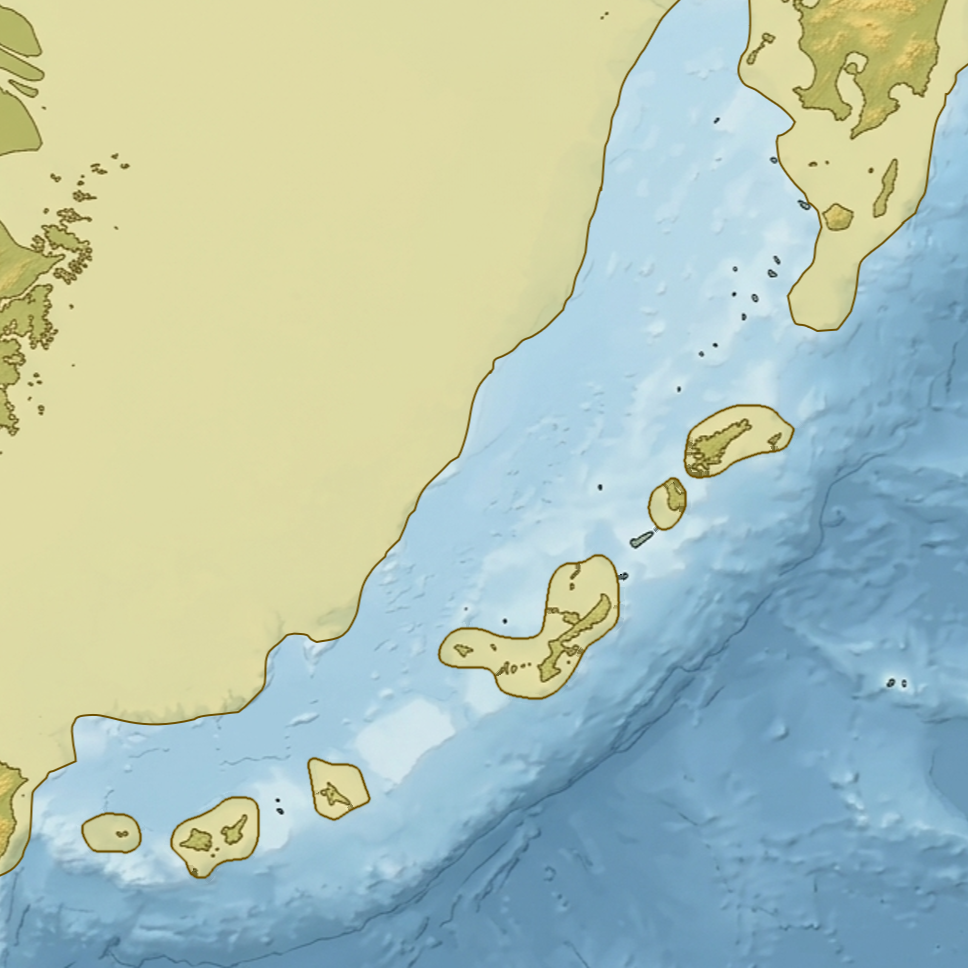 最終氷期最盛期(約2万年前)に海面が下がり、島の面積が広がった様子を示す模式図
